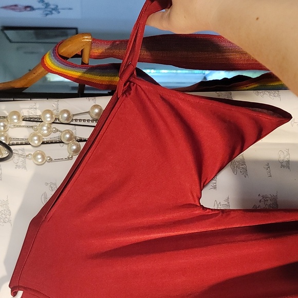 Express Red Satin look Open Tie Sleeve Slit Maxi Dress - Picture 9 of 9